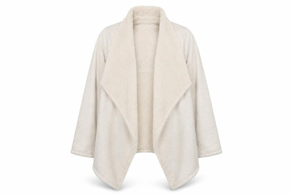 Front view of Marks & Spencer women’s ivory, size UK 12, lined fleece coatigan