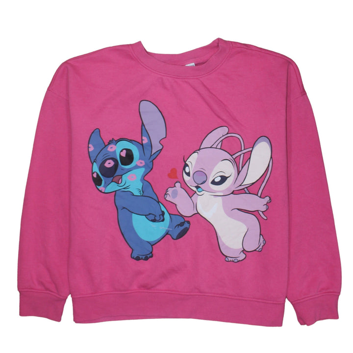Disney Women Pink Stitch & Angel Sweatshirt L 14/16 Pullover Crew Neck