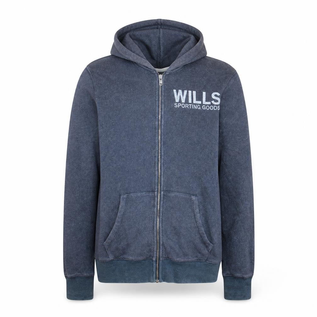 Front view of Jack Wills Men's Blue Full Zip Hoodie, size M, Graphic Print