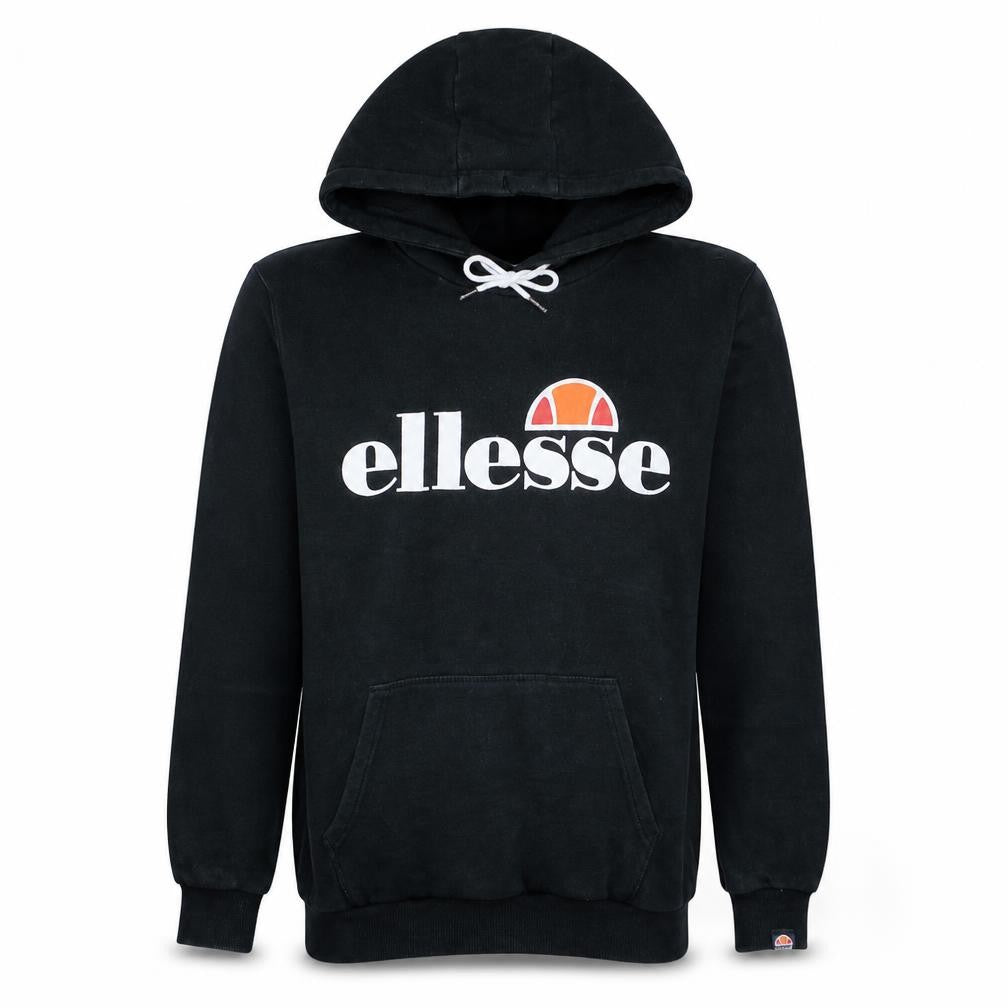 Front view of Ellesse Women Black Pullover Hoodie UK 10 Cotton Blend Logo Front