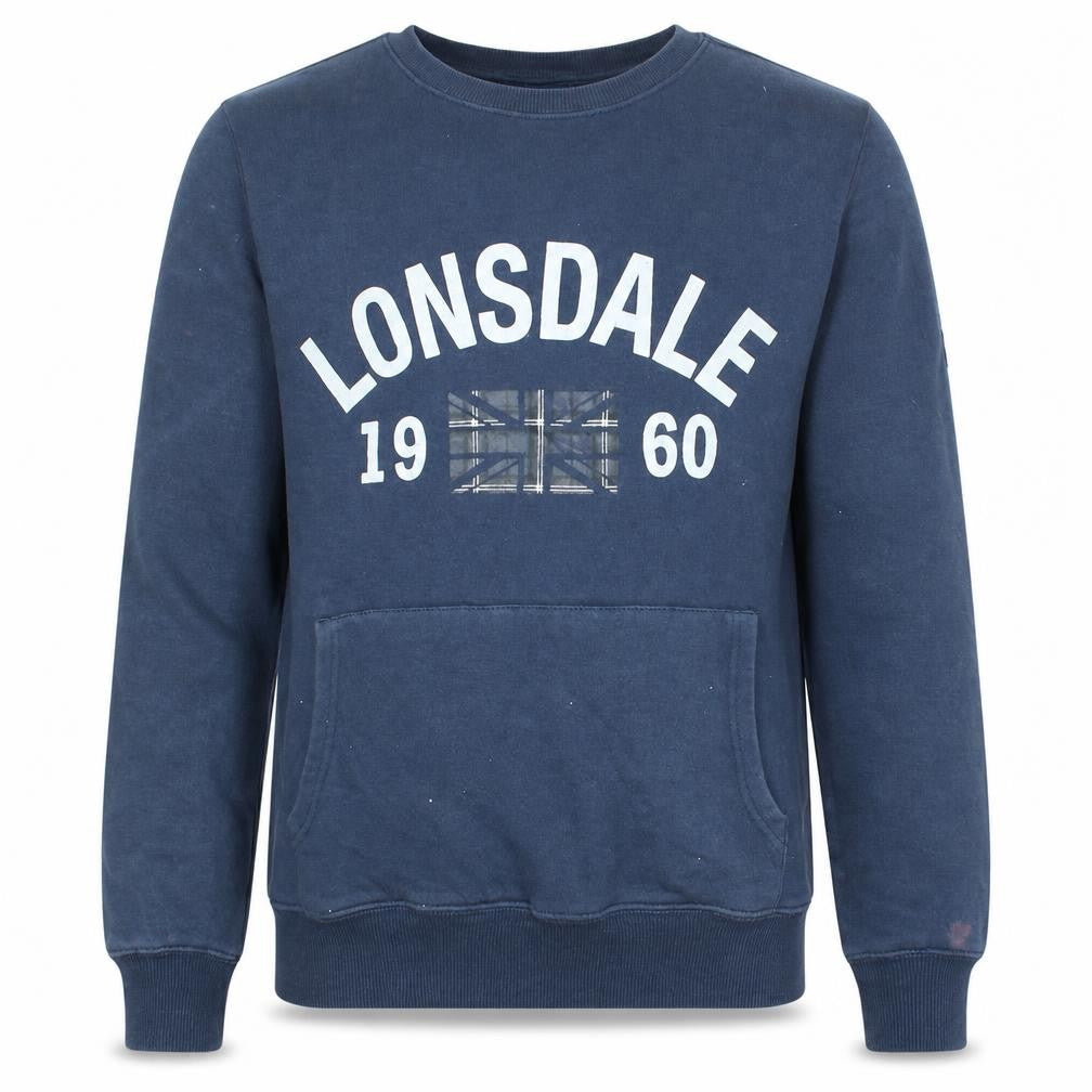 Front view of Lonsdale Men’s Blue Sweatshirt S Regular Fit Crew Neck Logo Pullover