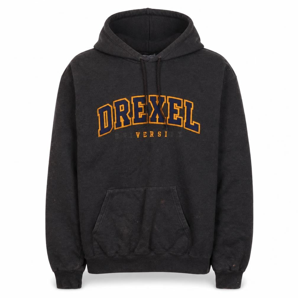 Front view of Champion men’s black pullover hoodie l university graphic fleece