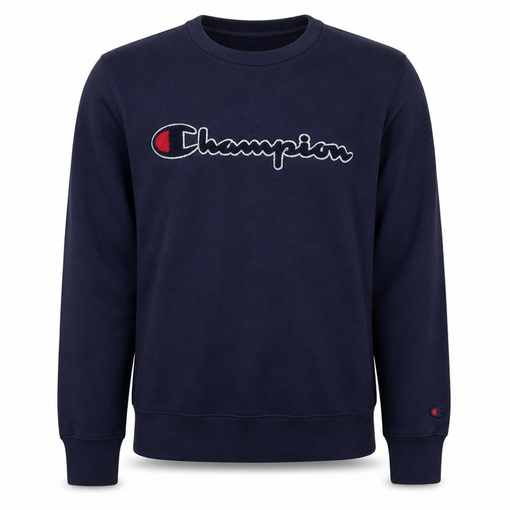 Front view of Champion Men's Blue Medium Crew Neck Embroidered Logo Sweatshirt