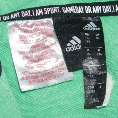Adidas Boys Green Black Pullover Hoodie 15-16 Years Cotton Blend Sportswear