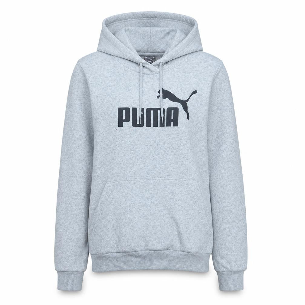 Front view of Puma Women's Grey Pullover Hoodie, size 12, Logo Print
