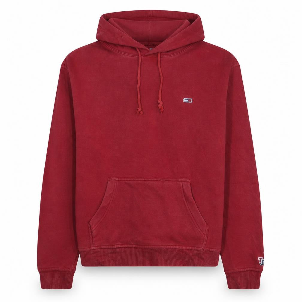 Front view of Tommy Jeans Men's Red Pullover Hoodie, size M, Classic Logo Cotton Blend