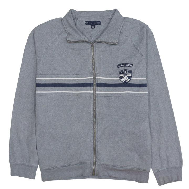 Tommy Hilfiger Men's Grey Full Zip Sweatshirt L Logo Striped Cotton