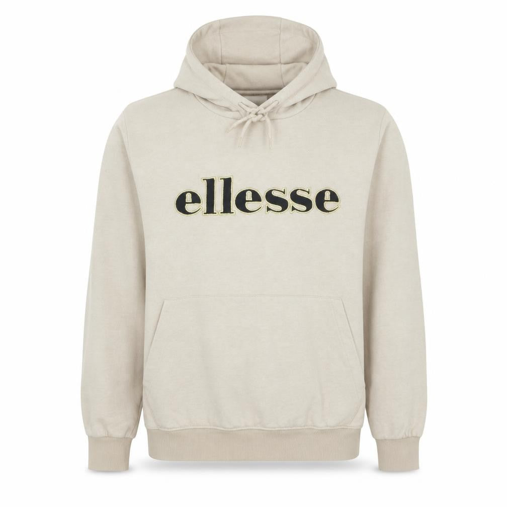 Front view of Ellesse Men's Beige Pullover Hoodie S Fleece Embroidered Logo