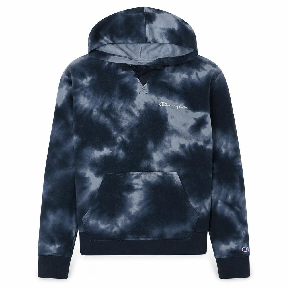 Front view of Champion Women's Black Blue Tie-Dye Pullover Hoodie Small