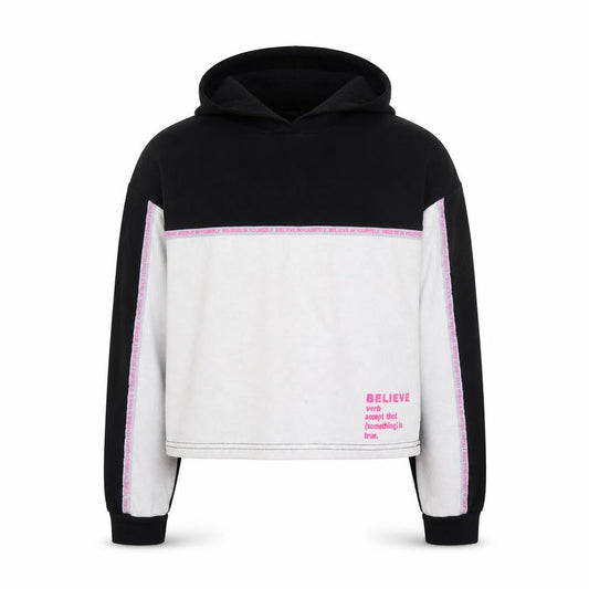 Front view of Primark girls’ black & white pullover hoodie 12-13 years believe print