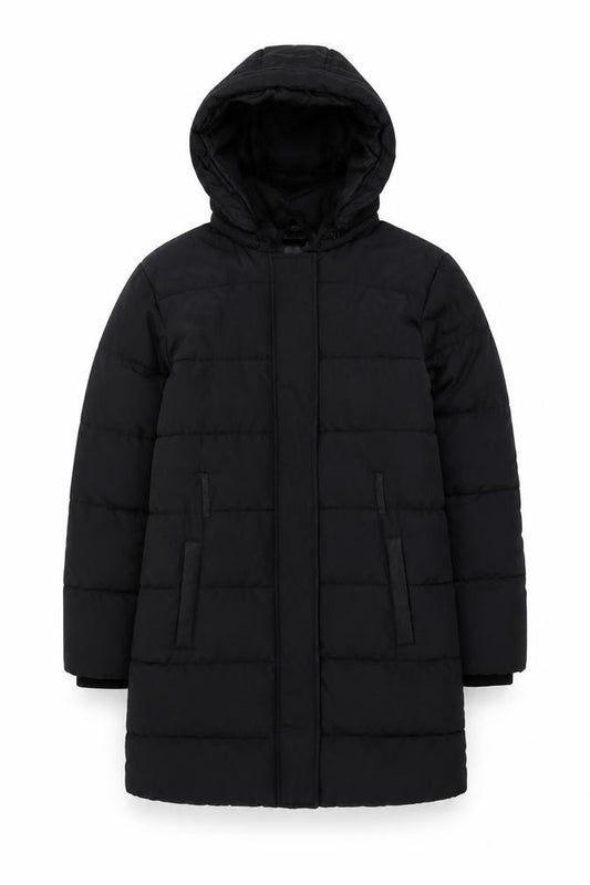 Front view of Marks & Spencer boys’ black hooded puffer jacket 13-14 years winter coat
