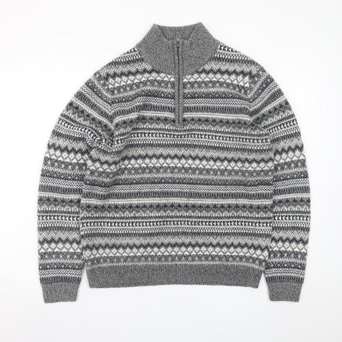 Dunnes Stores Men's Grey Fair Isle 1/2 Zip Wool Blend Jumper Size S