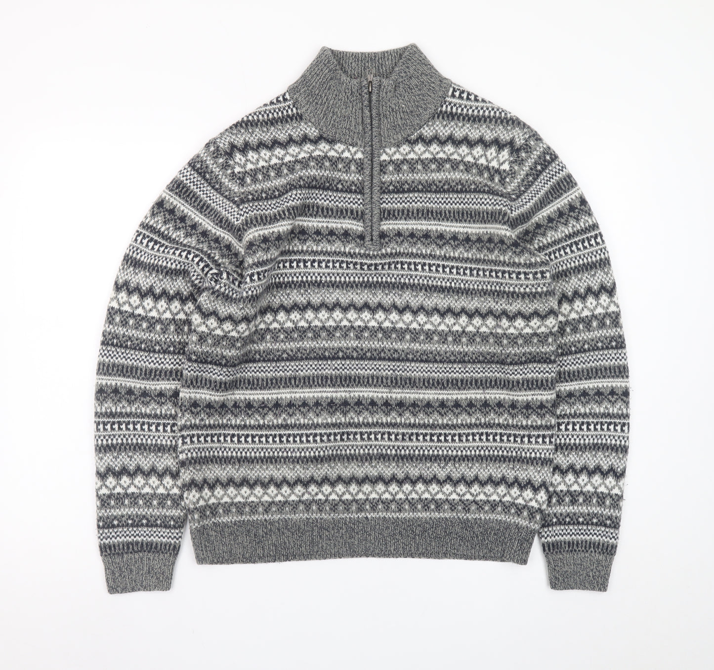 Dunnes Stores Men's Grey Fair Isle 1/2 Zip Wool Blend Jumper Size S