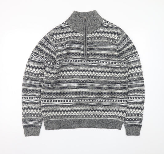 Dunnes Stores Men's Grey Fair Isle 1/2 Zip Wool Blend Jumper Size S