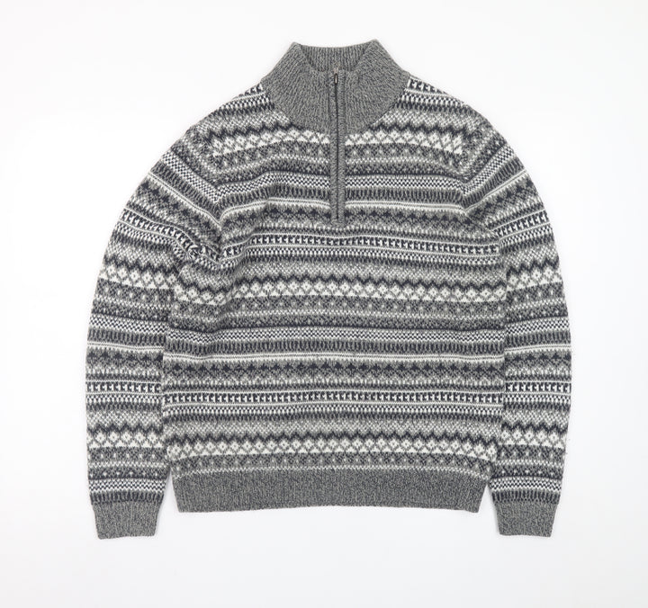 Dunnes Stores Men's Grey Fair Isle 1/2 Zip Wool Blend Jumper Size S
