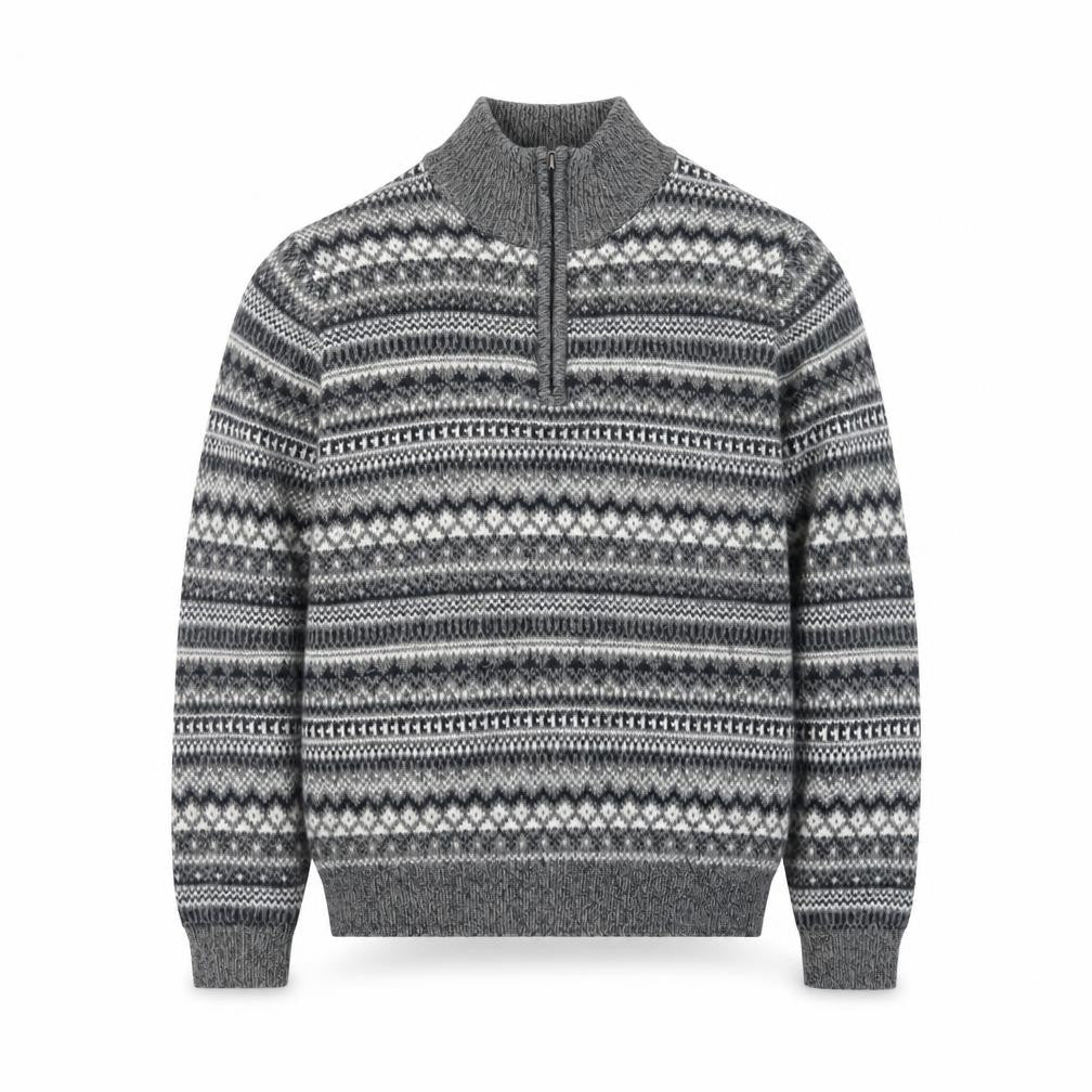 Front view of Dunnes Men's Grey Fair Isle 1/2 Zip Wool Blend Jumper, size S