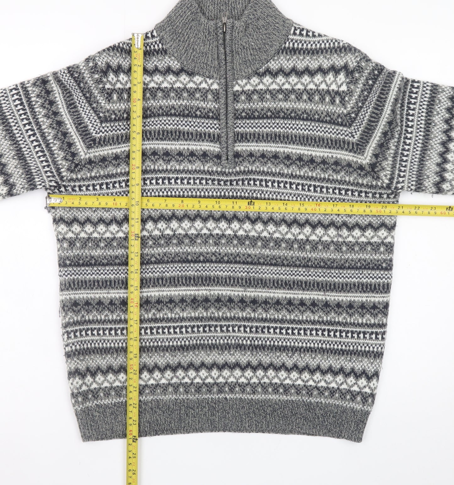 Dunnes Stores Men's Grey Fair Isle 1/2 Zip Wool Blend Jumper Size S