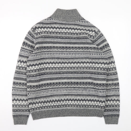 Dunnes Stores Men's Grey Fair Isle 1/2 Zip Wool Blend Jumper Size S