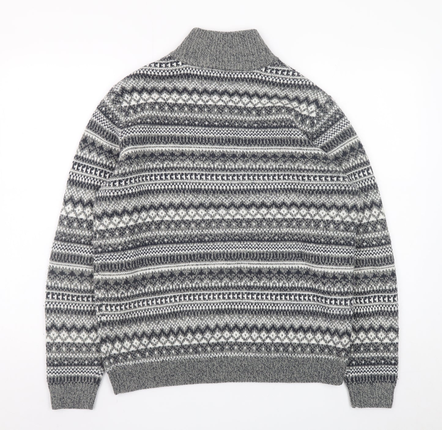 Dunnes Stores Men's Grey Fair Isle 1/2 Zip Wool Blend Jumper Size S