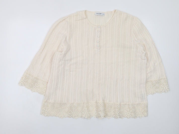 Gallery Women’s Ivory Crochet Trim Blouse UK XL 3/4 Sleeve Tunic