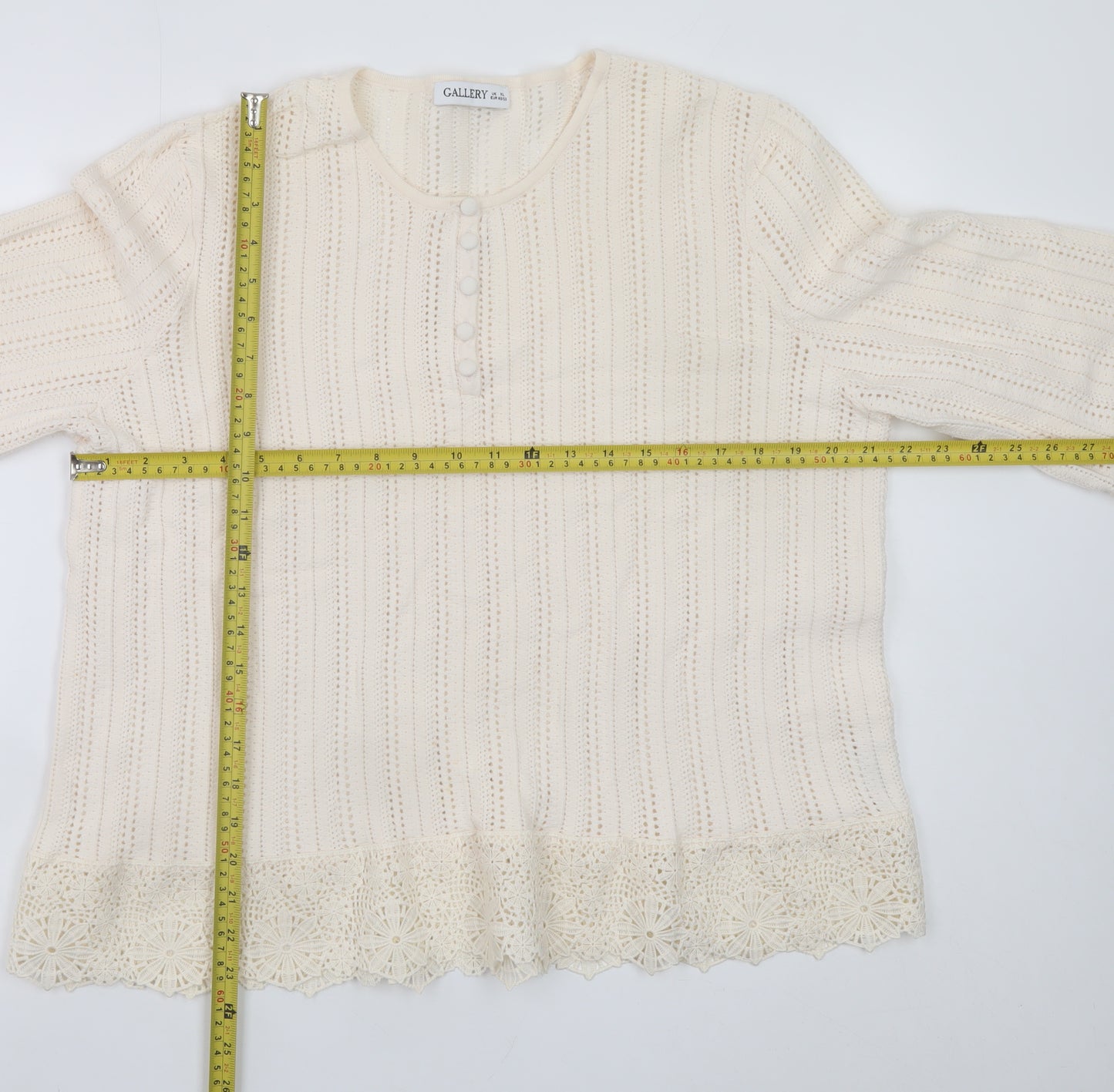 Gallery Women’s Ivory Crochet Trim Blouse UK XL 3/4 Sleeve Tunic