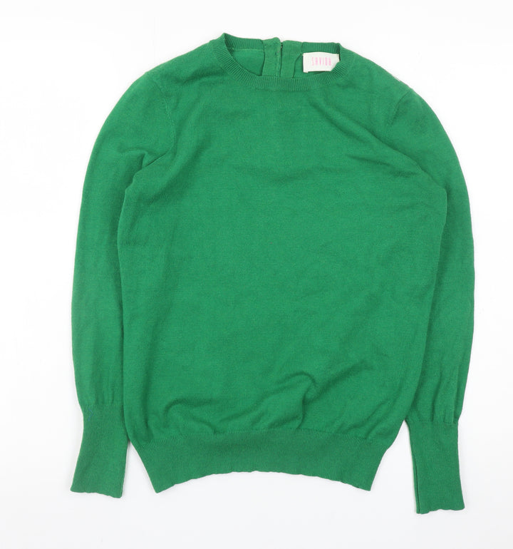 Savida Women Green Small Crew Neck Button Back Long Sleeve Jumper
