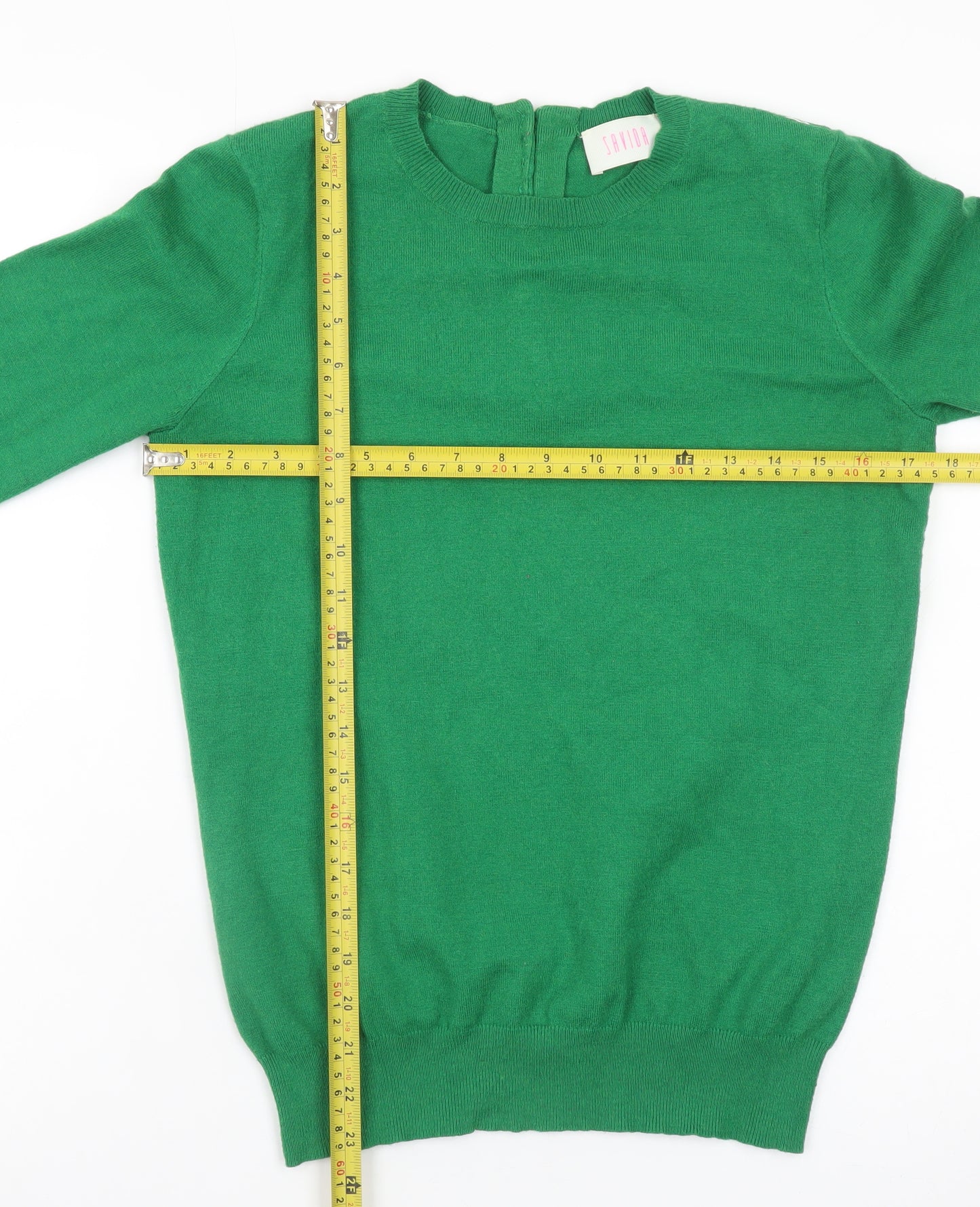 Savida Women Green Small Crew Neck Button Back Long Sleeve Jumper