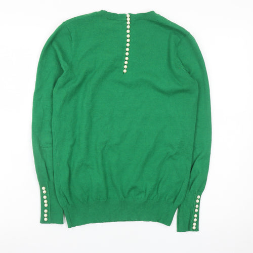 Savida Women Green Small Crew Neck Button Back Long Sleeve Jumper