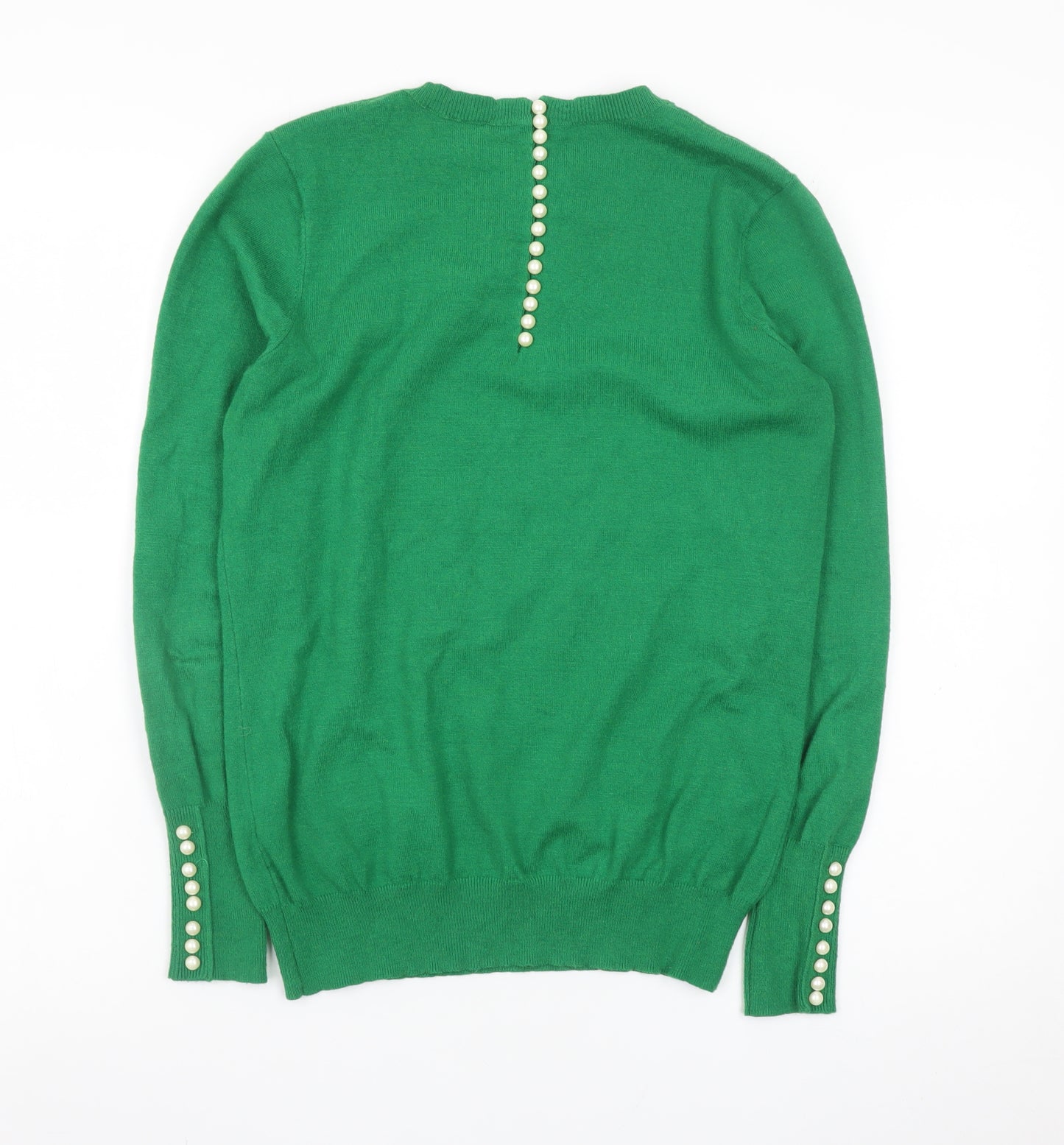 Savida Women Green Small Crew Neck Button Back Long Sleeve Jumper