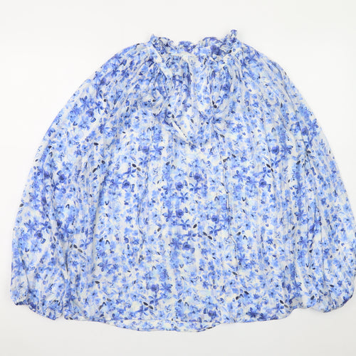 H&M Women’s Blue Floral Chiffon Ruffle Tie Neck Tunic Blouse Size 12