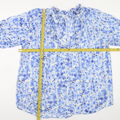 H&M Women’s Blue Floral Chiffon Ruffle Tie Neck Tunic Blouse Size 12