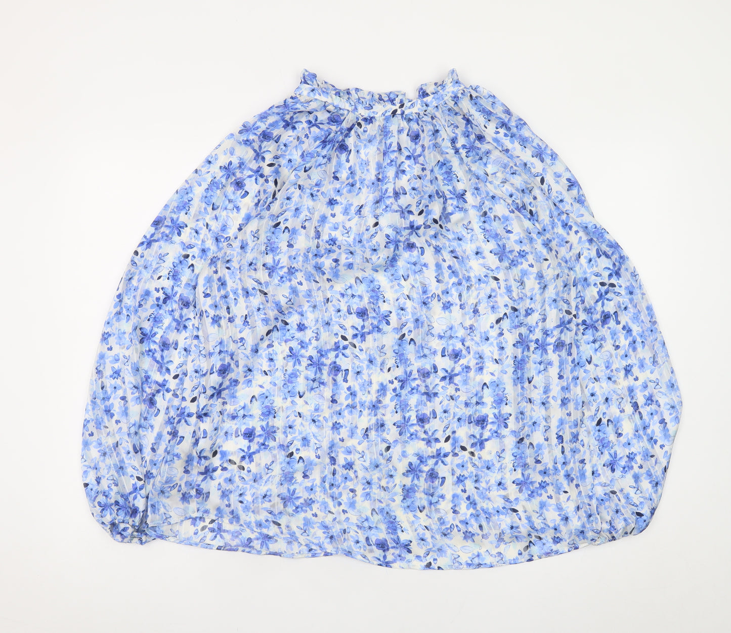 H&M Women’s Blue Floral Chiffon Ruffle Tie Neck Tunic Blouse Size 12