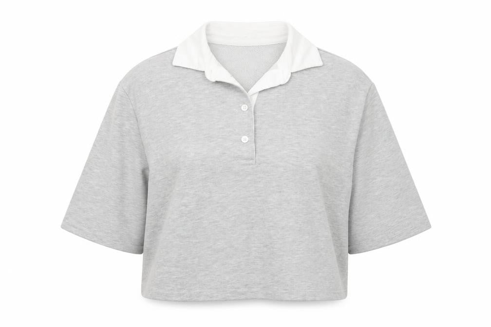 Front view of Savida Women's Grey Collared Cropped Polo Top, size 10