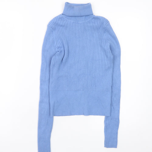 ZARA Women Blue Roll Neck Ribbed Knit Top Size 12 Slim Fit