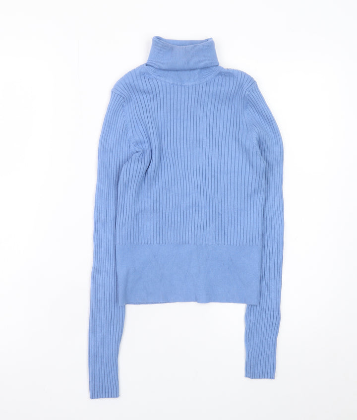 ZARA Women Blue Roll Neck Ribbed Knit Top Size 12 Slim Fit