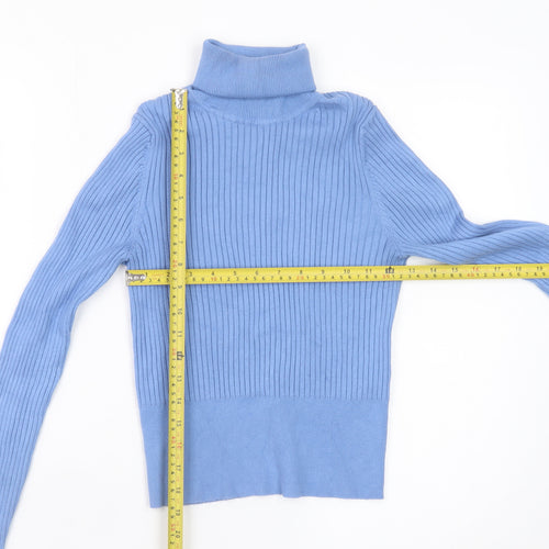 ZARA Women Blue Roll Neck Ribbed Knit Top Size 12 Slim Fit