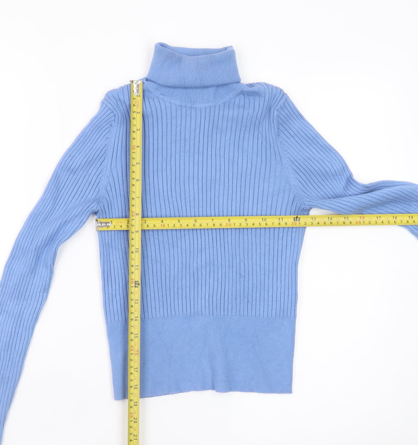 ZARA Women Blue Roll Neck Ribbed Knit Top Size 12 Slim Fit