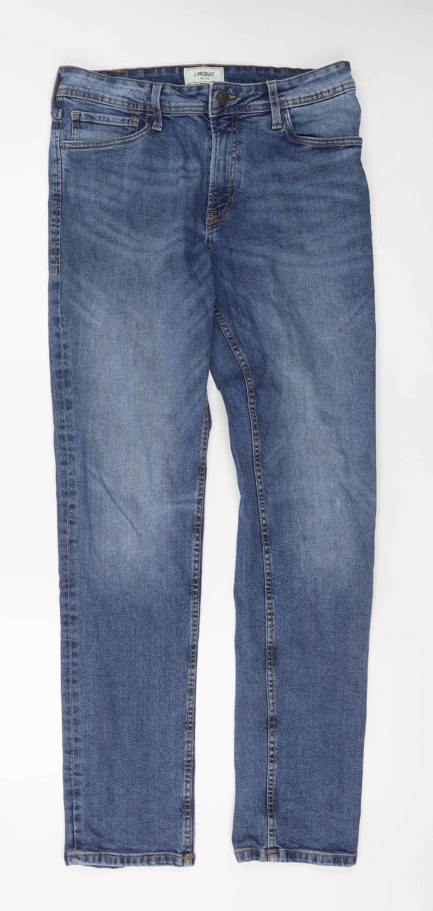 PRODUKT Men's Blue 32W 34L Slim Fit Straight Denim Jeans
