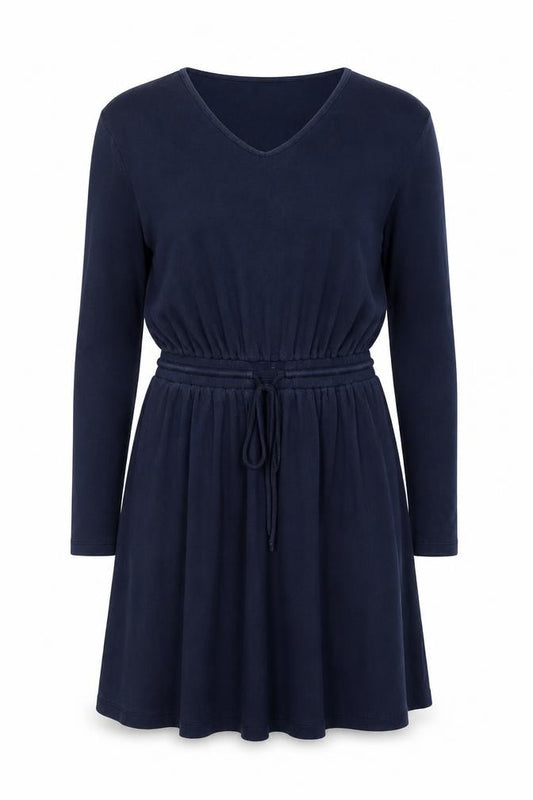 Front view of People Tree Women Blue, size 10, Fit & Flare Long Sleeve Cotton Dress