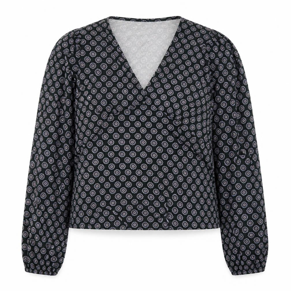 Front view of Boden Women’s Blue Geometric Wrap Blouse, size UK 18, Viscose Stretch