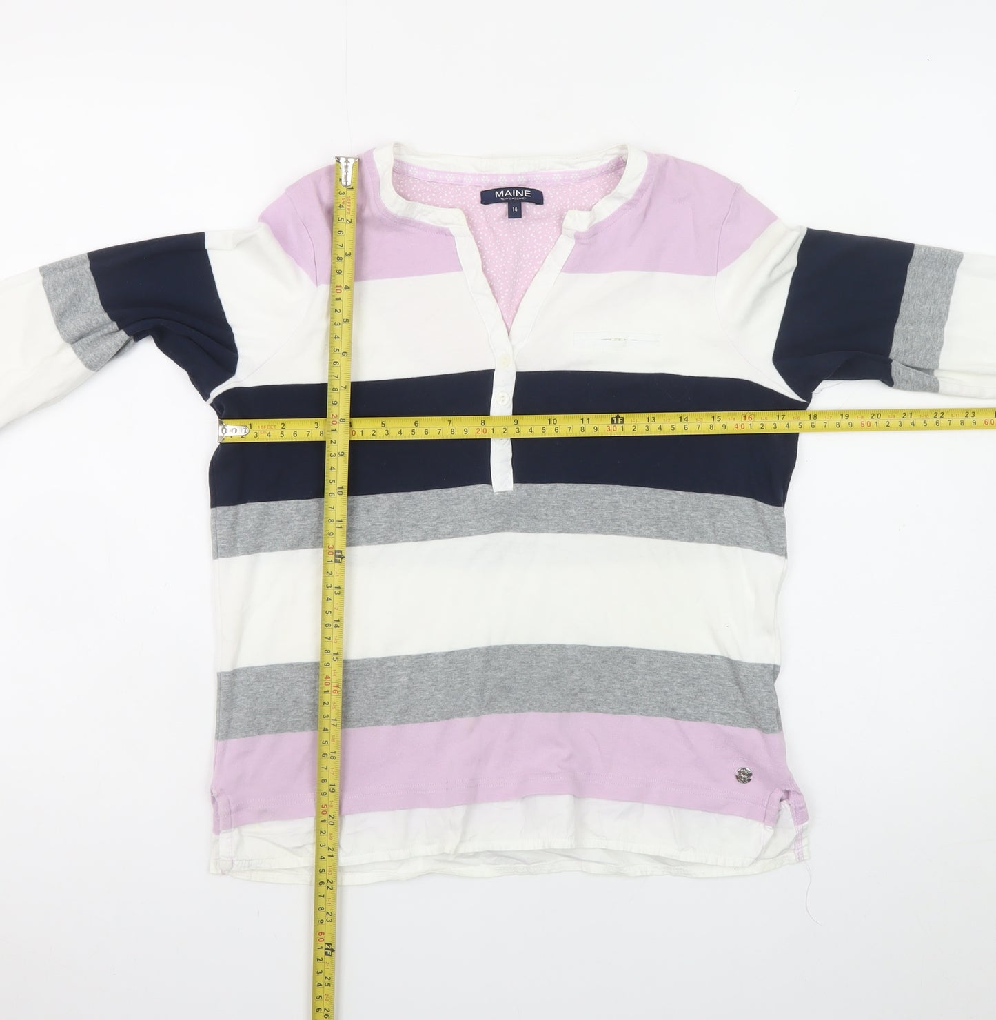 Maine New England Women’s Multicoloured Stripe Cotton Henley Top Size 14