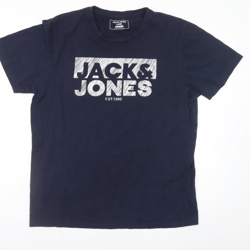 Jack & Jones Men Blue Regular Fit Logo Cotton T-Shirt L