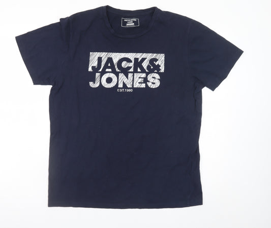Jack & Jones Men Blue Regular Fit Logo Cotton T-Shirt L