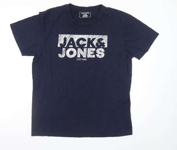 Jack & Jones Men Blue Regular Fit Logo Cotton T-Shirt L