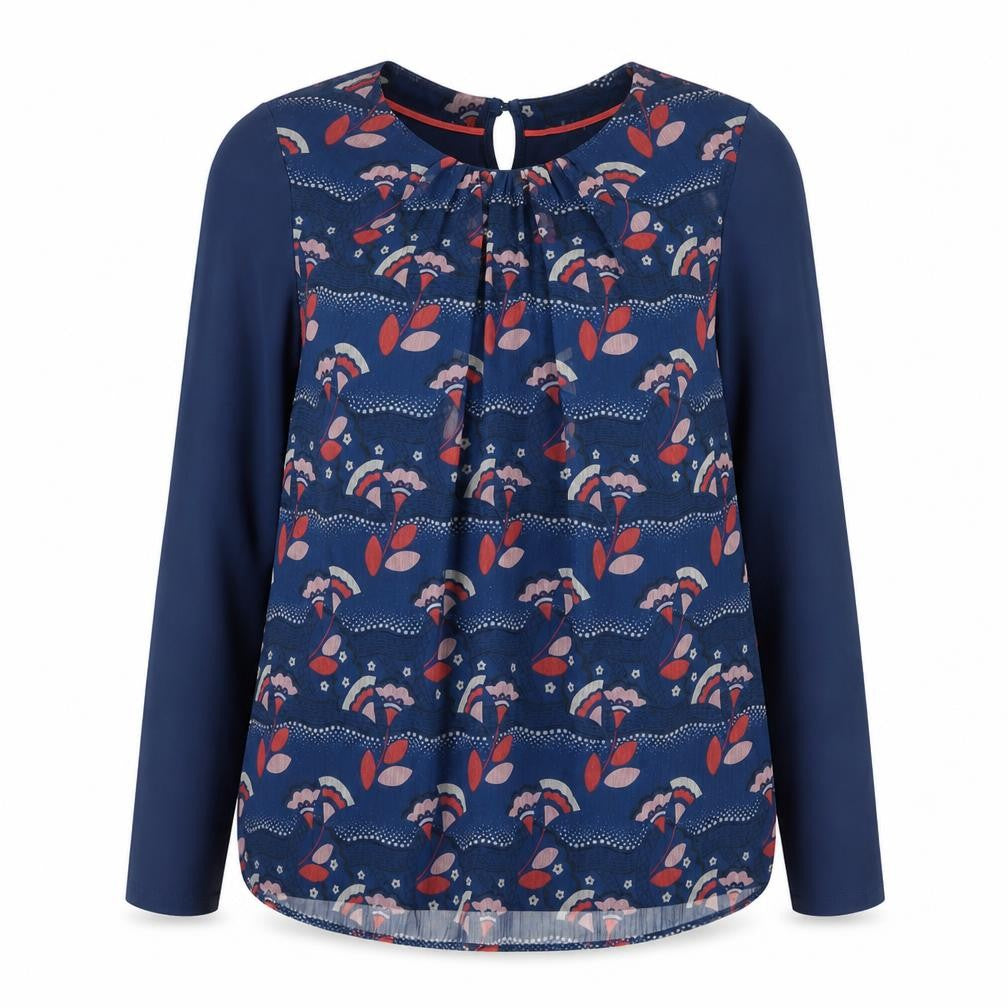 Front view of Boden women’s blue floral long sleeve tunic blouse, size UK 10