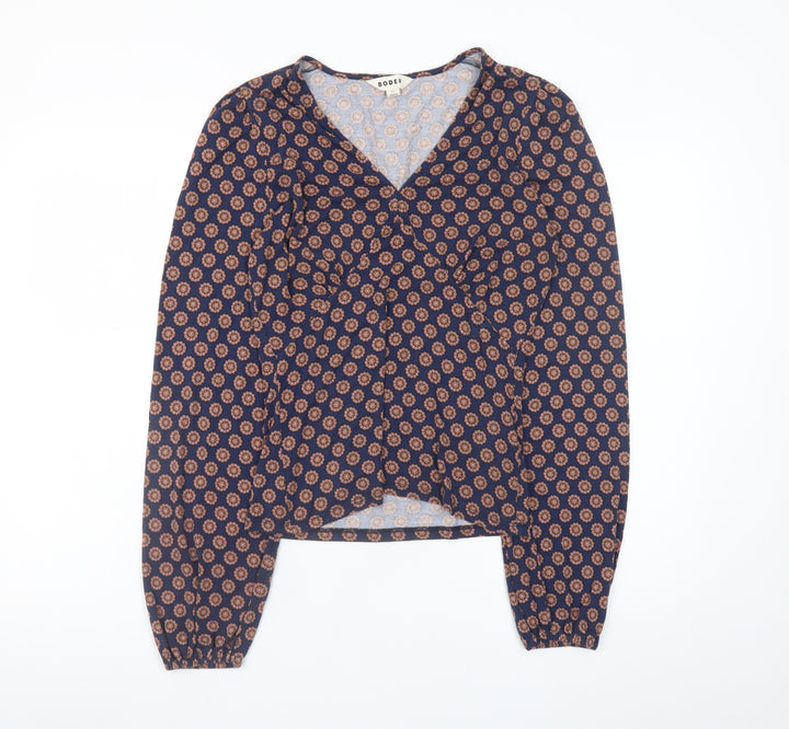Boden Womens Blue Geometric Wrap Blouse UK 12 Long Sleeve Viscose Top