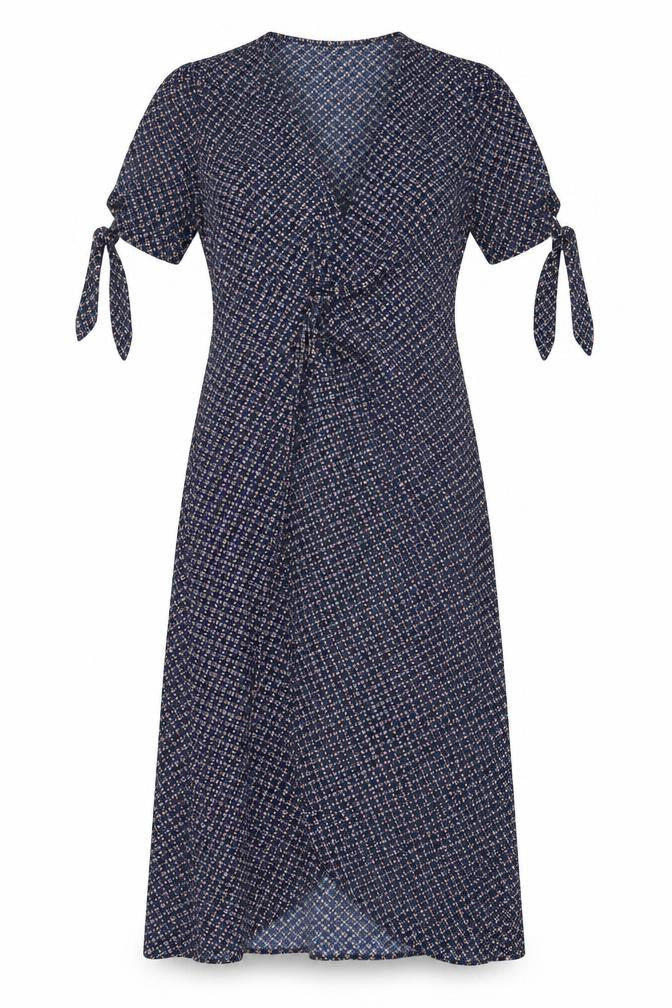 Front view of Stella Morgan Women's Blue Geometric Wrap Midi Dress, size 8