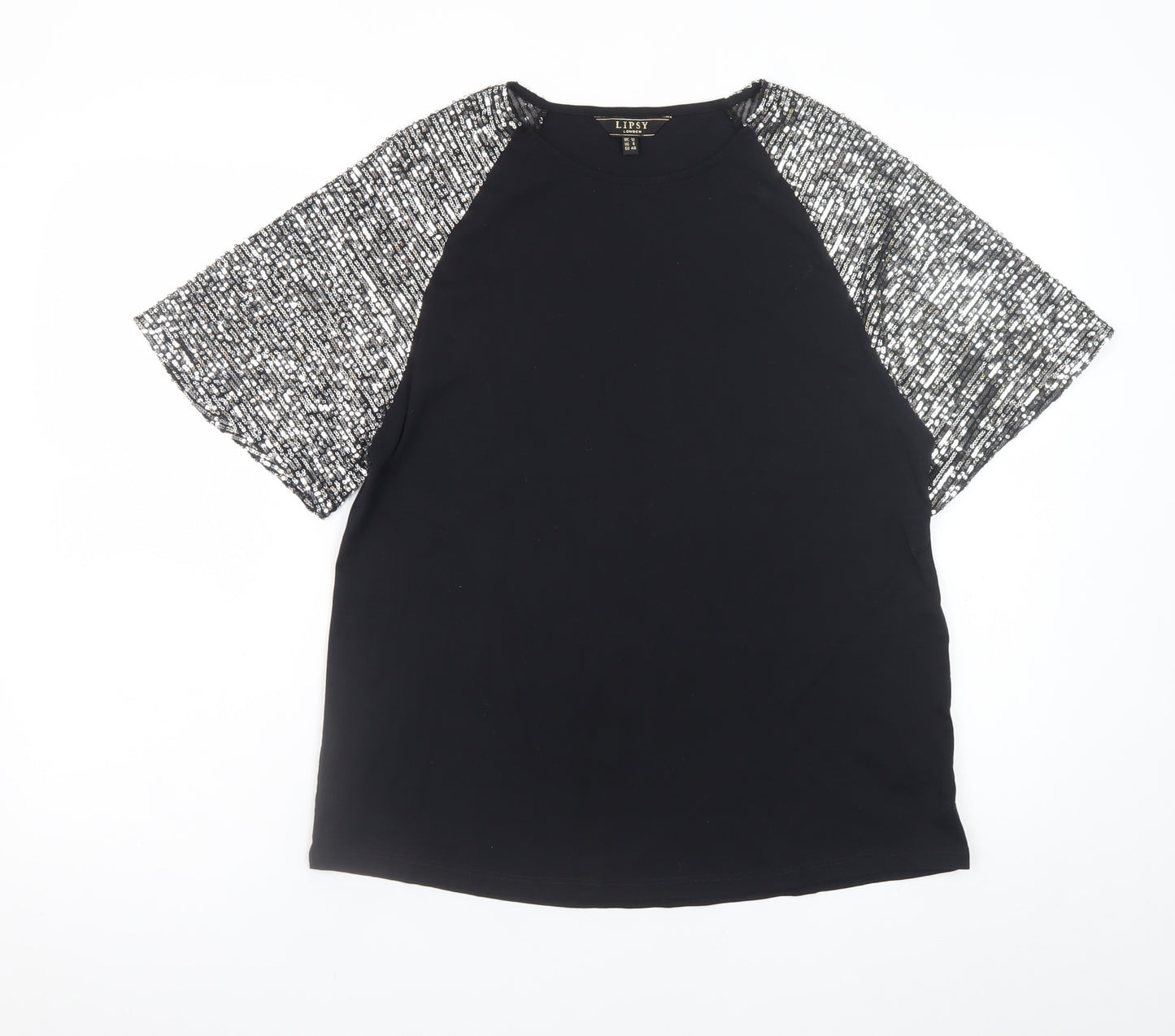Lipsy Womens Black Sequin Sleeve Raglan Short Sleeve T-Shirt Size 12