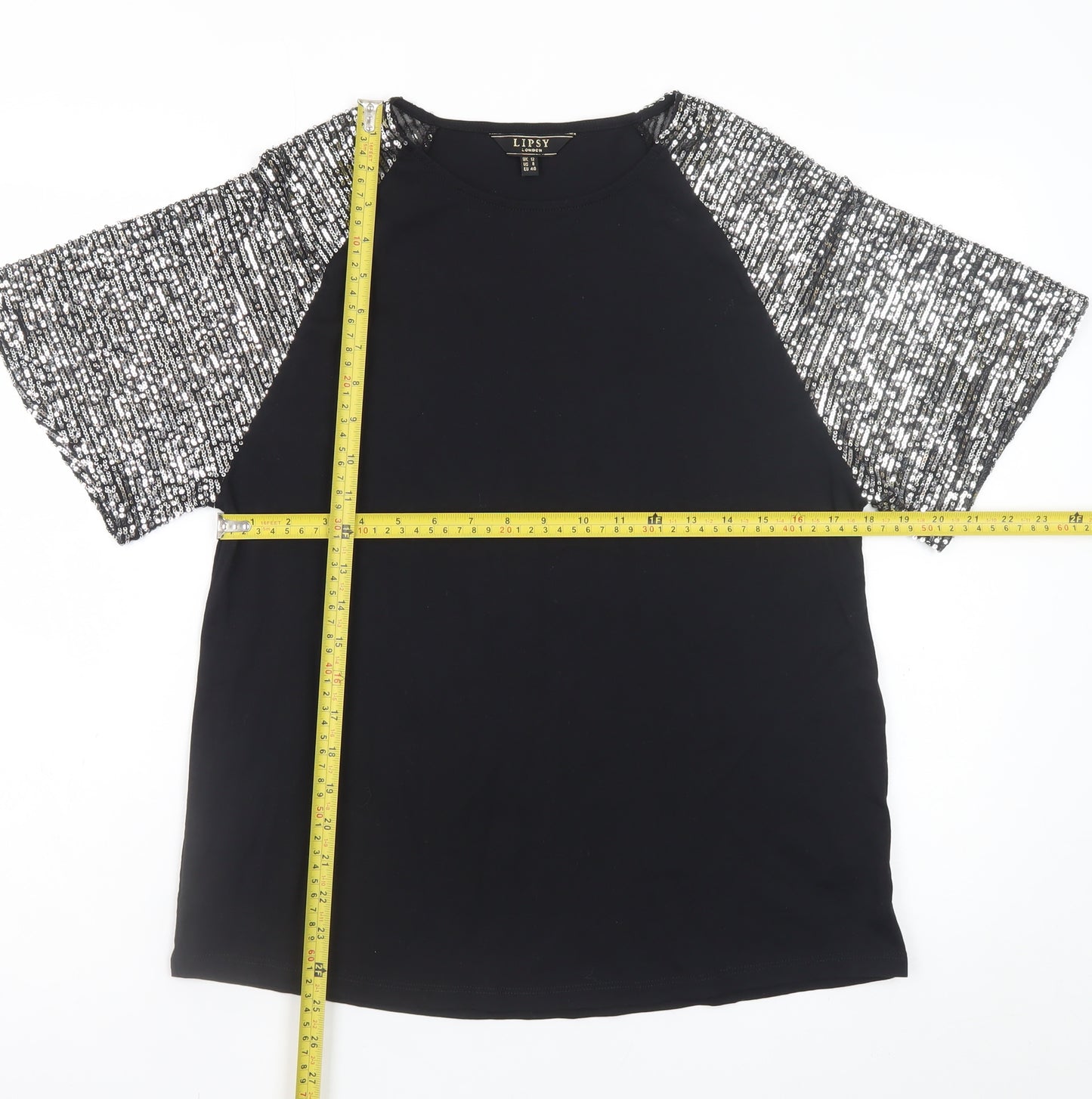 Lipsy Womens Black Sequin Sleeve Raglan Short Sleeve T-Shirt Size 12