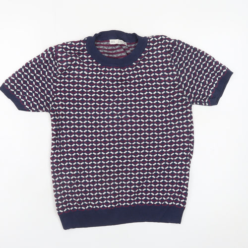 Sfera Women Blue Geometric Knit Short Sleeve Pullover Jumper Size 12